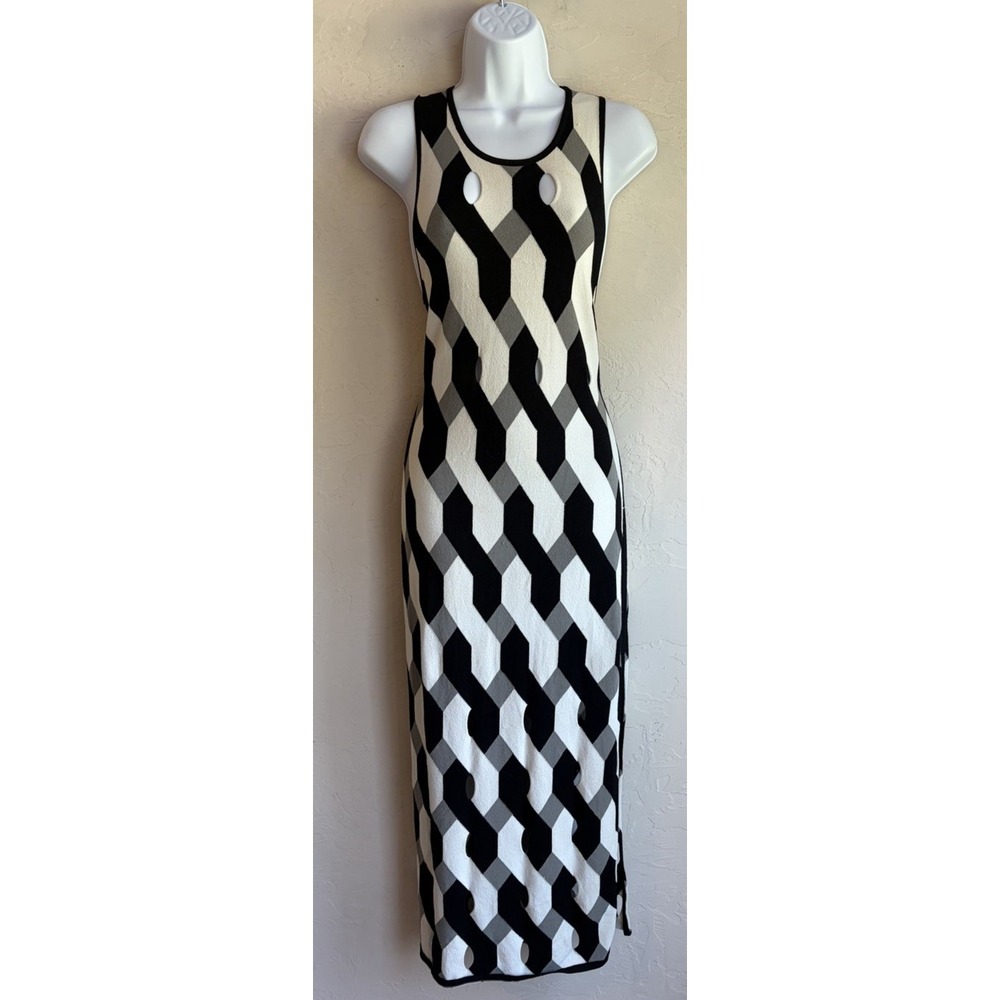 Rag & Bone Olympia Geometric Knit Midi Dress M Monochrome Mod Minimalist Cutout